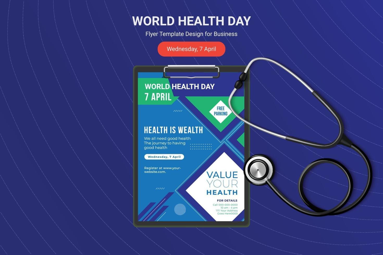 Folleto del día mundial de la salud, diseño de carteles con estetoscopio vectorial. vector