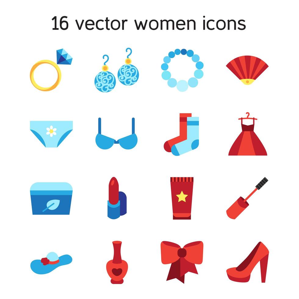 Woman accessories icons set of cosmetics, clothes vector