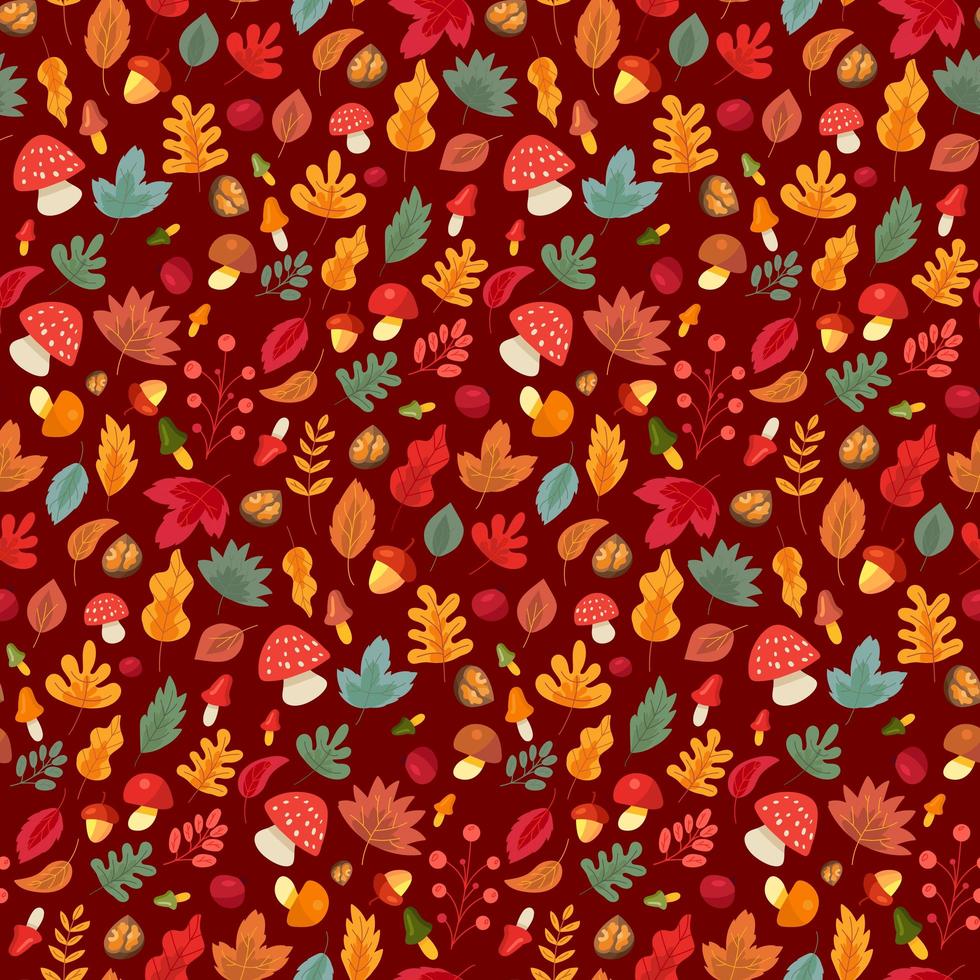 Autumn leaves and mushroom seamless pattern vector