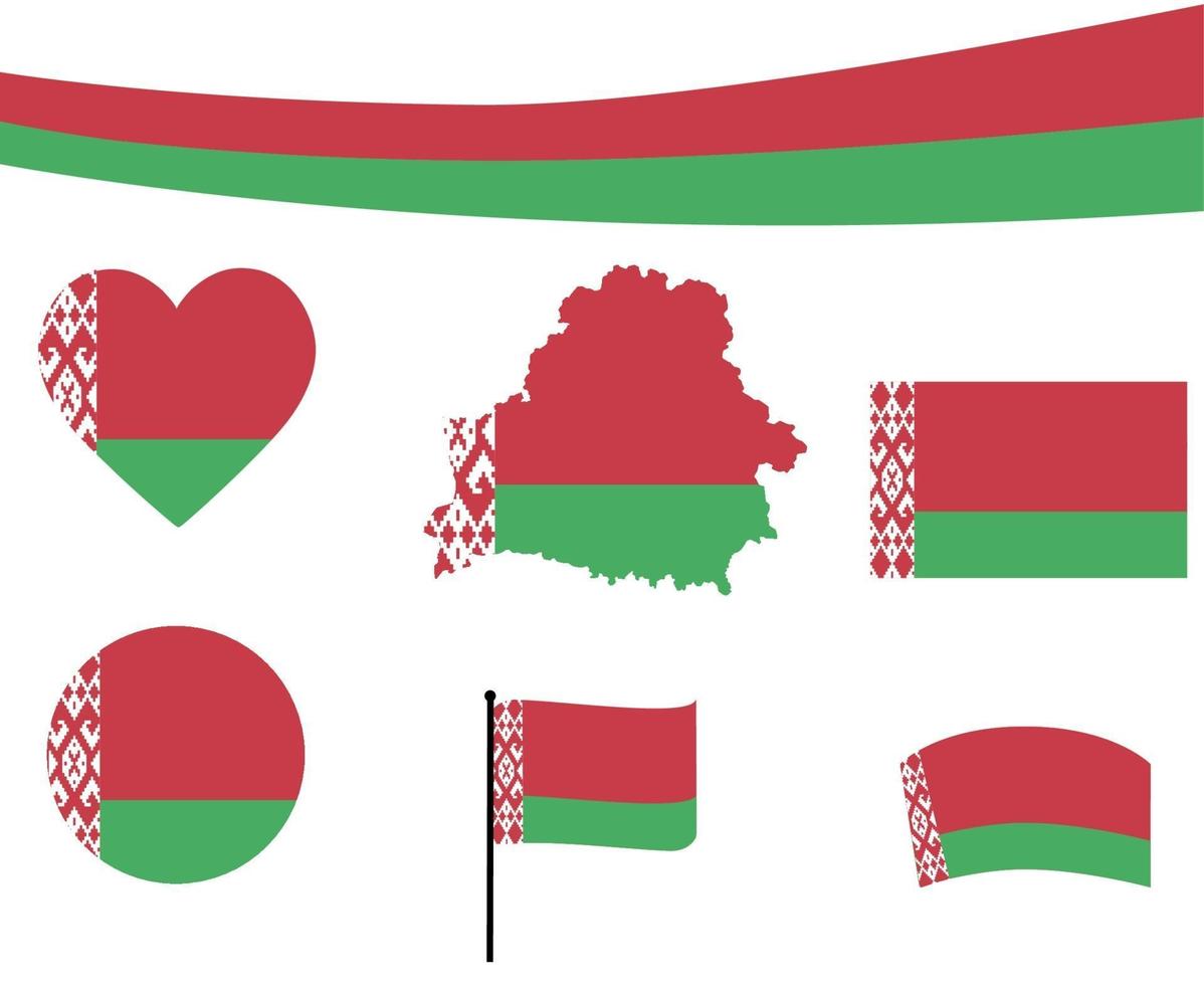 Mapa de la bandera de Bielorrusia iconos de cinta y corazón ilustración vectorial abstracto vector