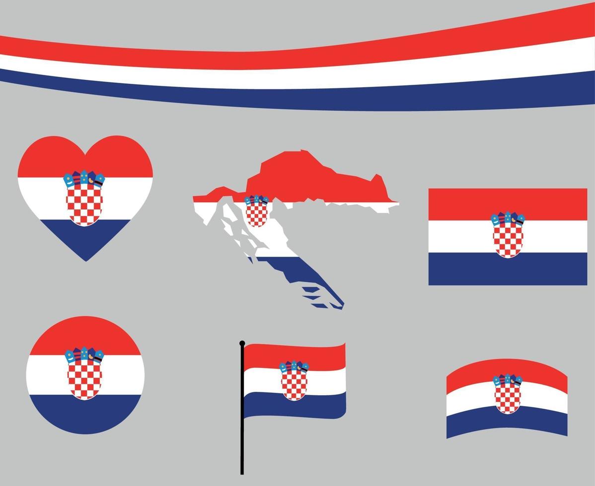 Croatia Flag Map Ribbon And Heart Icons Vector Abstract Design