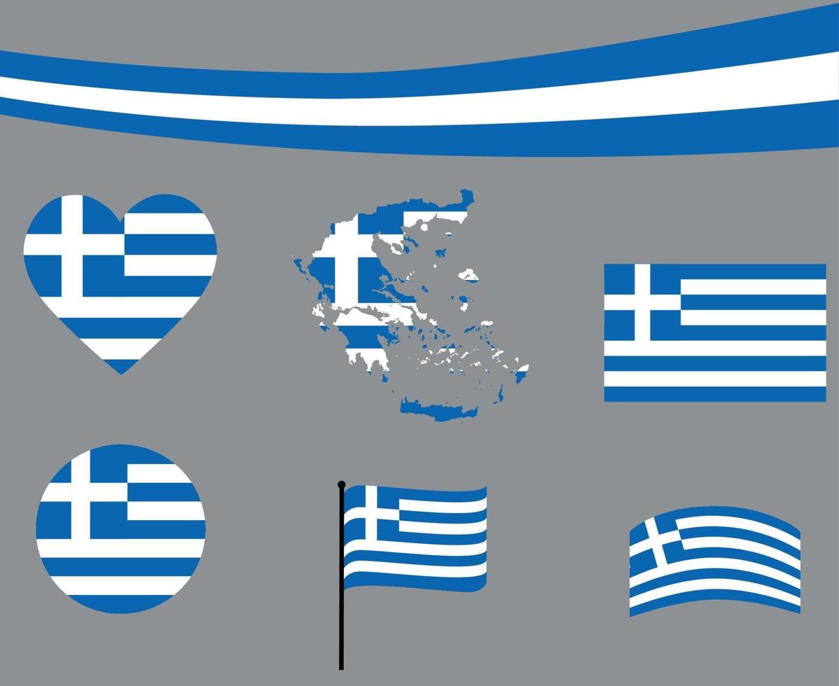 Greece Flag Map Ribbon And Heart Icons Vector Illustration Abstract