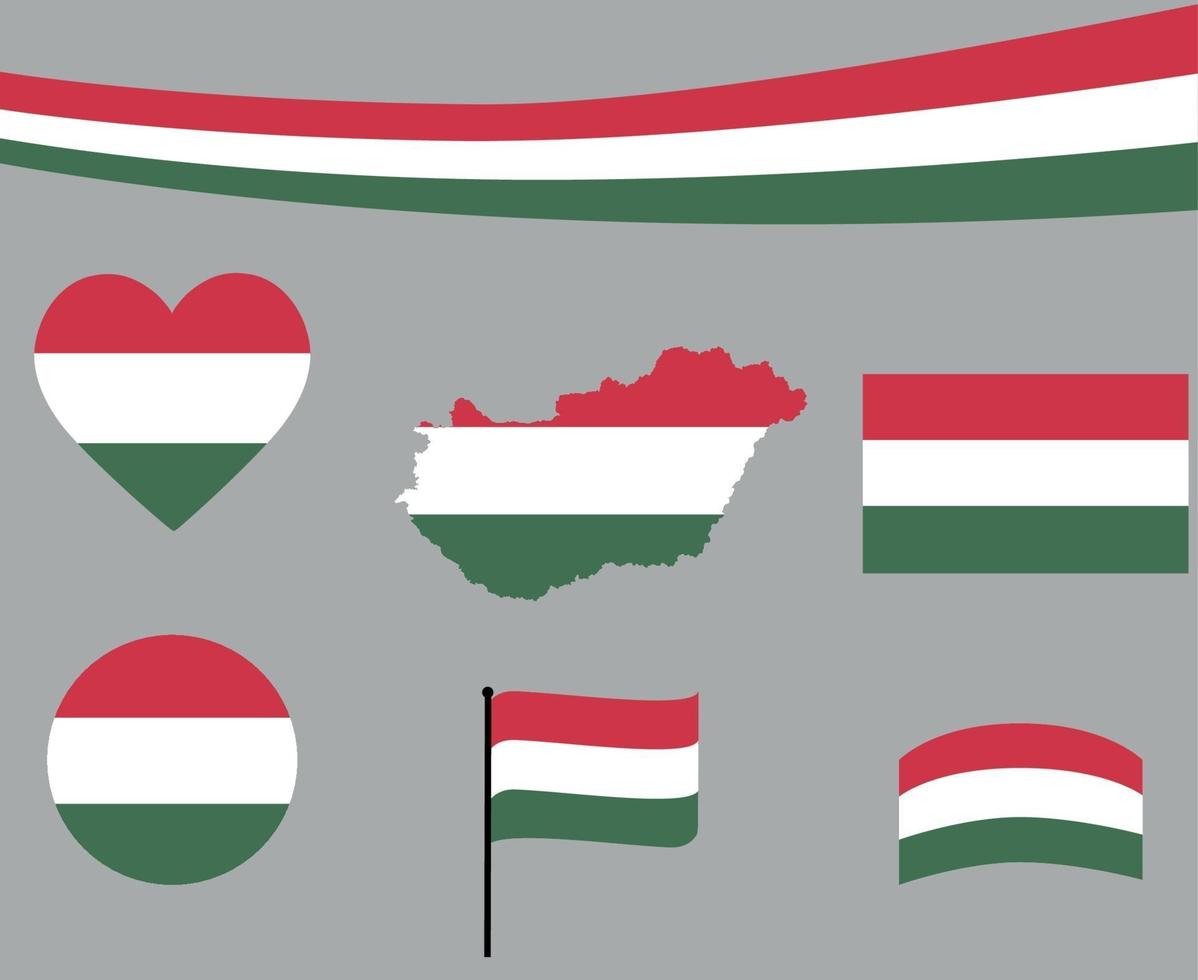 Hungary Flag Map Ribbon And Heart Icons Vector Illustration Abstract