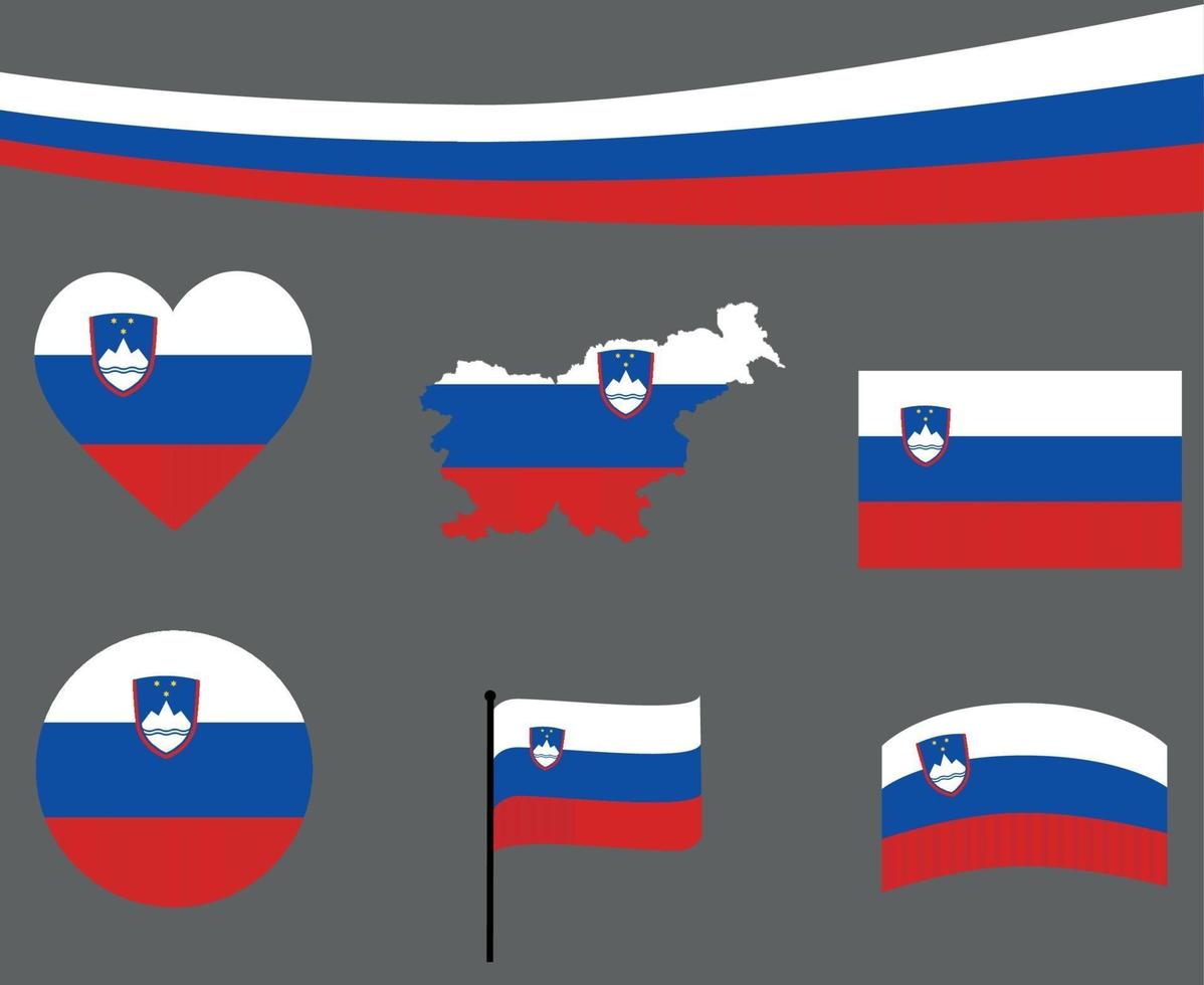 Slovenia Flag Map Ribbon And Heart Icons Vector Illustration Abstract