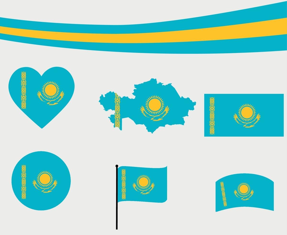 Kazakhstan Flag Map Ribbon And Heart Icons Vector Illustration