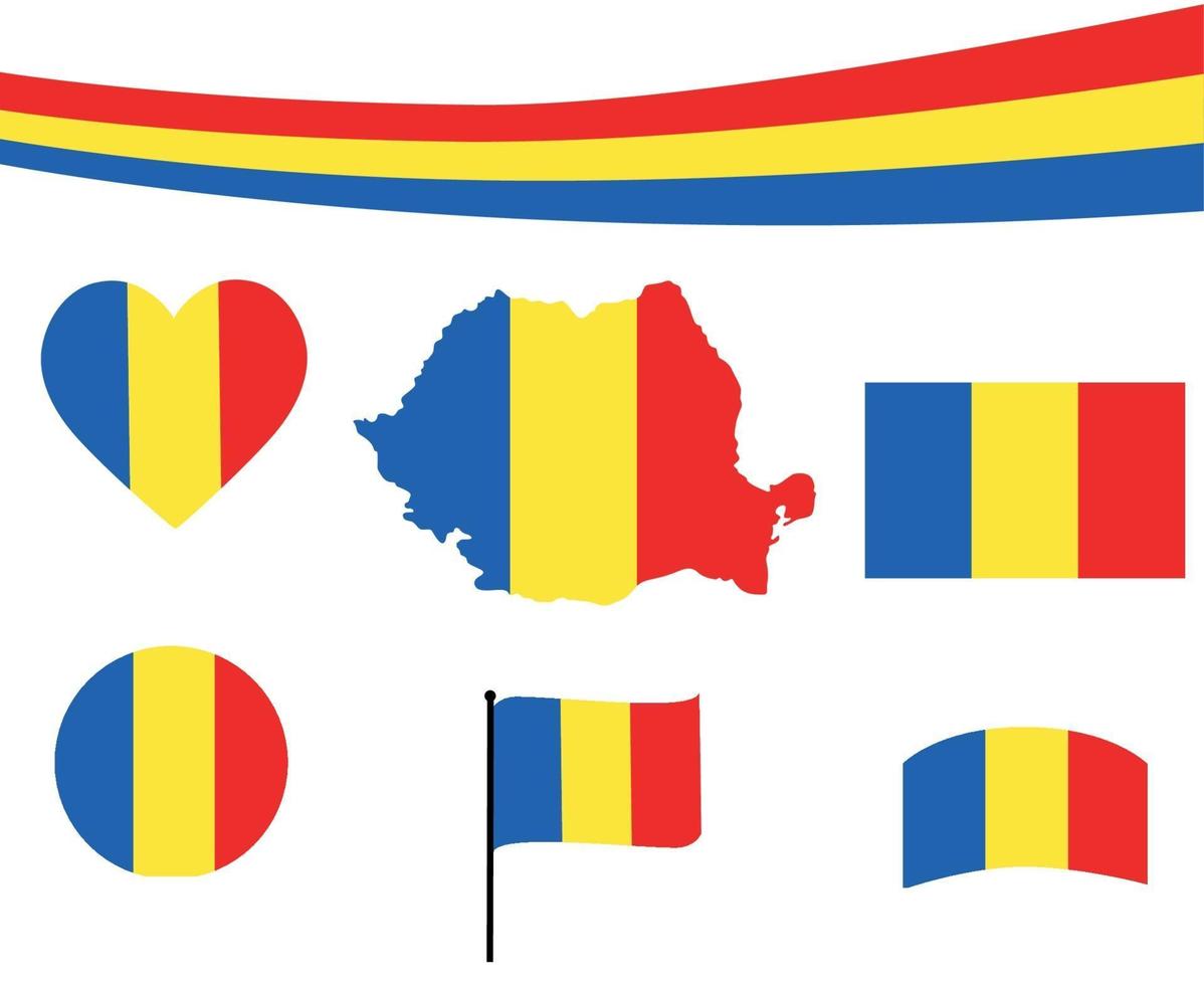 Romania Flag Map Ribbon And Heart Icons Vector Illustration Abstract