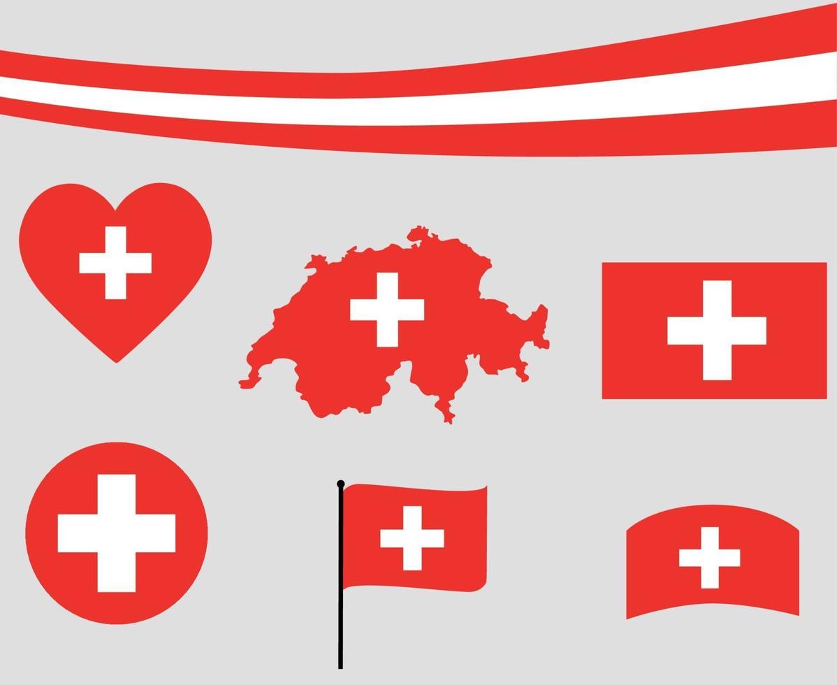 Switzerland Flag Map Ribbon And Heart Icons Vector Abstract