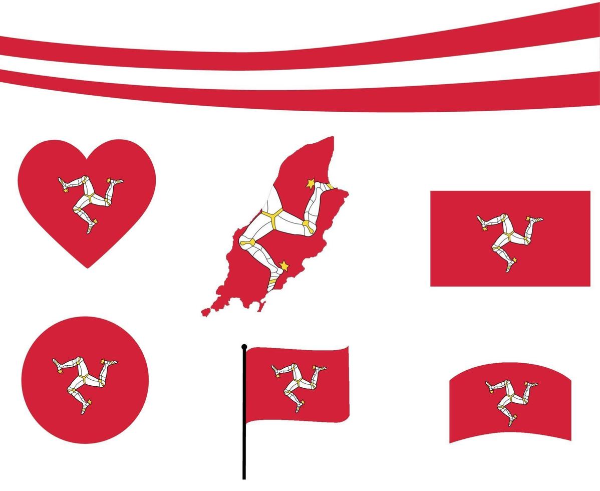 Isle of Man Flag Map Ribbon And Heart Icons Vector Abstract