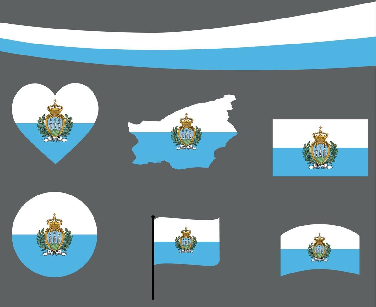 San Marino Flag Map Ribbon And Heart Icons Vector Abstract