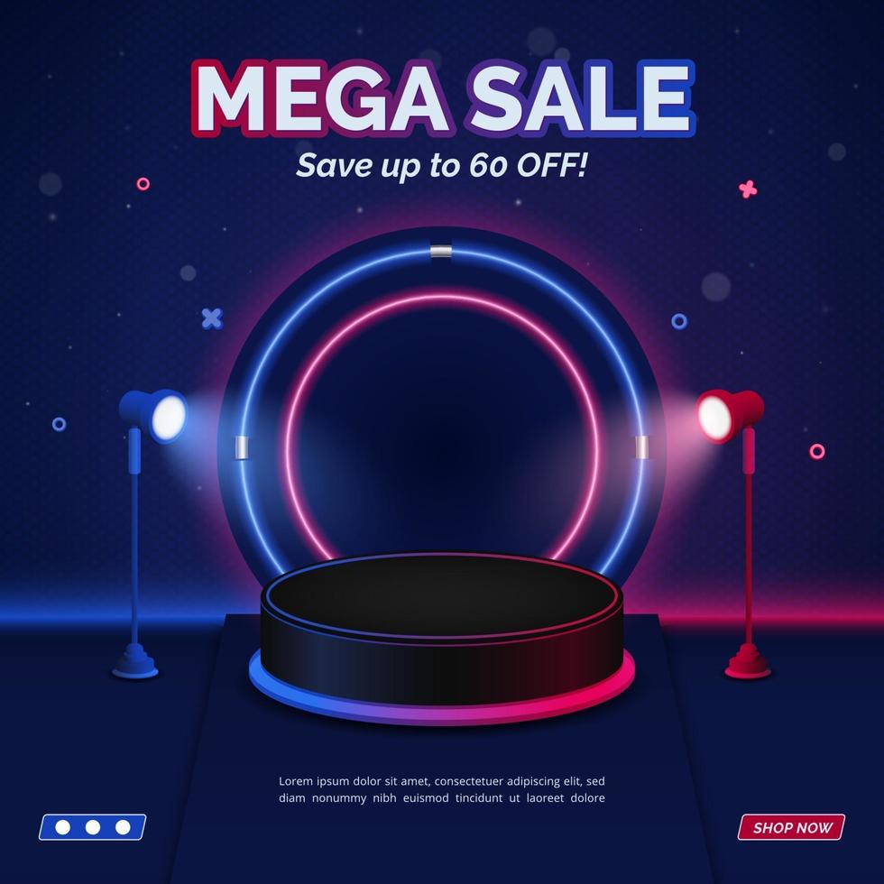 Red and blue sale discount square banner template with stand spotlight vector
