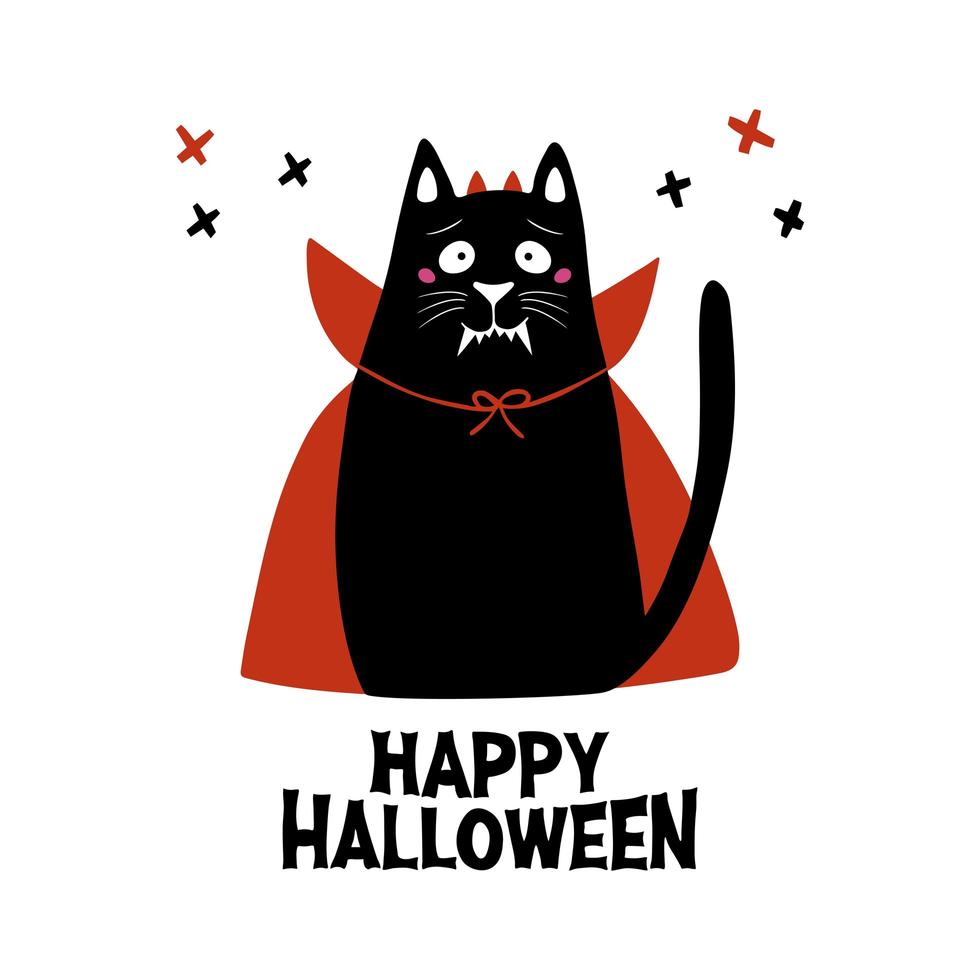 Cat wear vampire costume with fangs, horns and red cloak vector