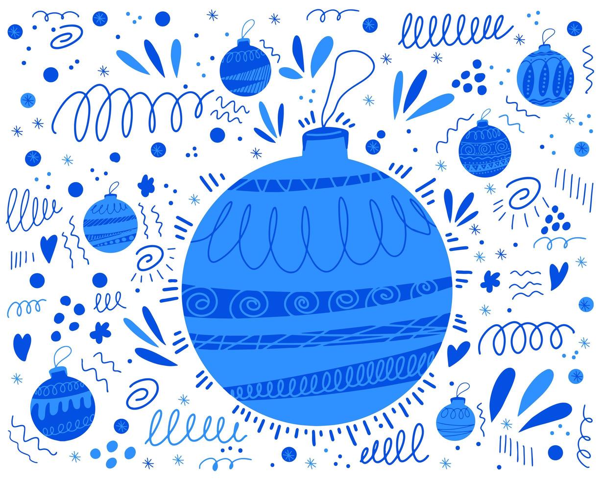 Doodle de fondo con juguetes de árbol de navidad azul vector