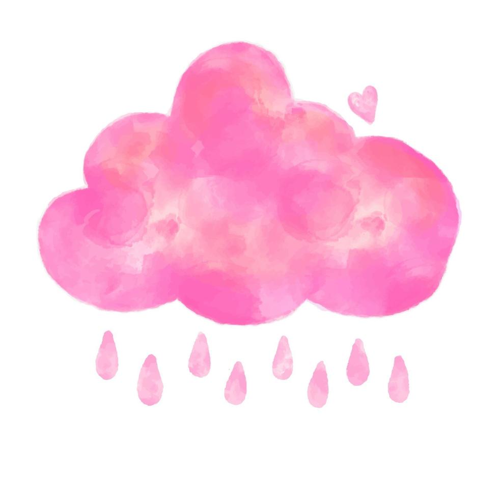 acuarela nube rosa brillante con gotas de lluvia y corazón. vector