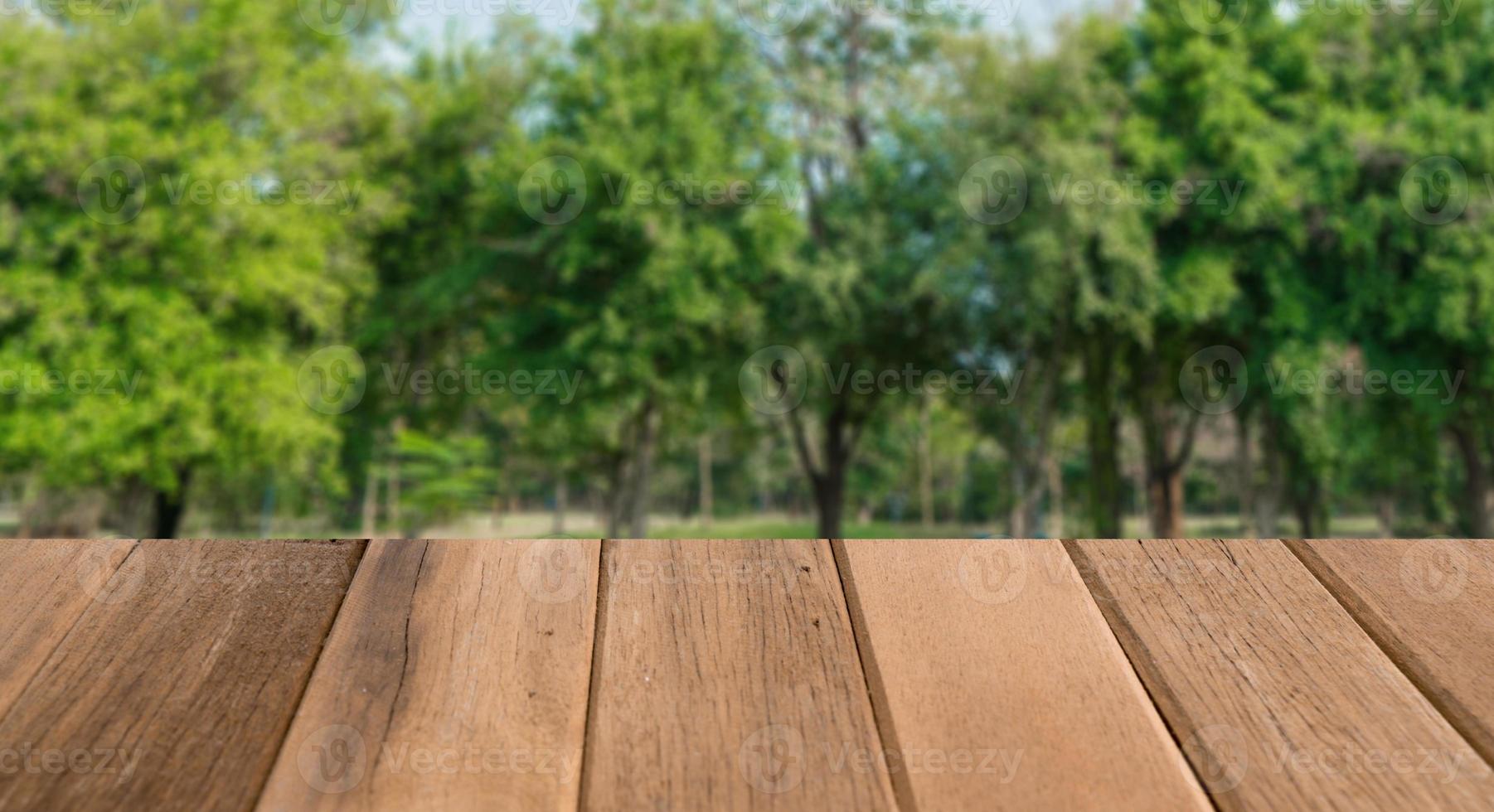 Abstract blurred garden and green leaf with wooden table photo