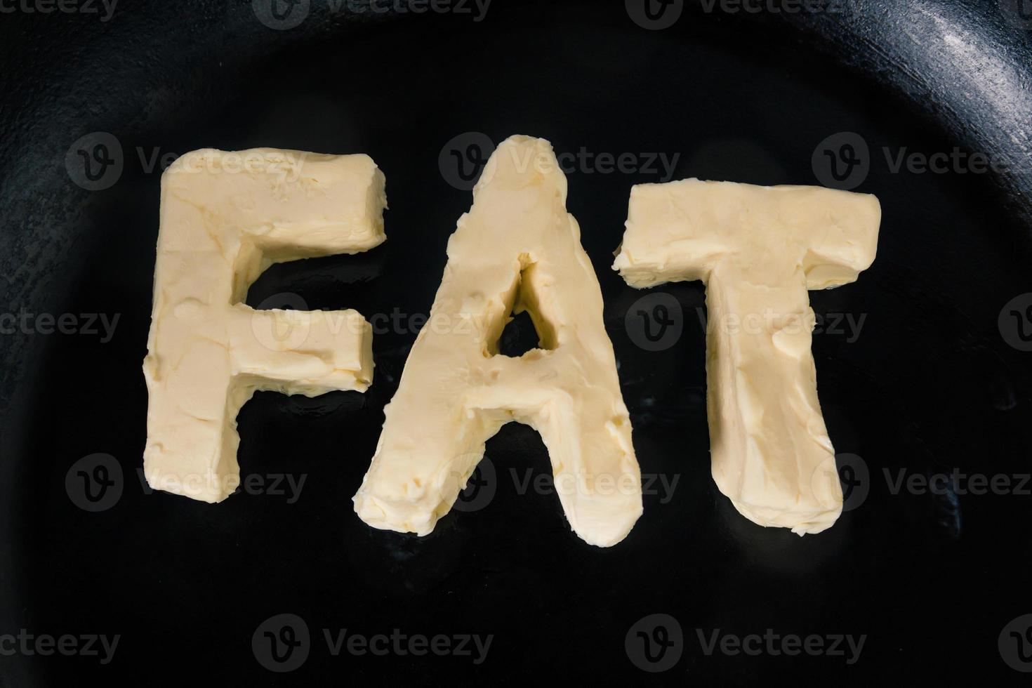 Butter in shape of the word fat on hot pan - Close up top view photo