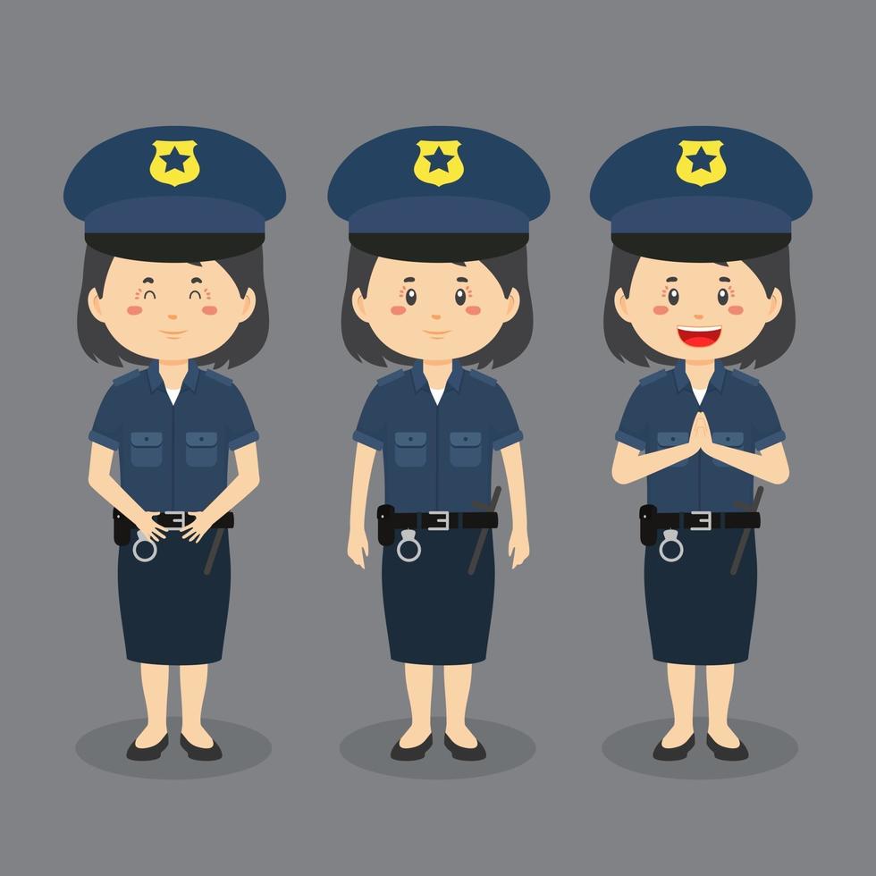 Personaje de mujer policía con varias expresiones. vector