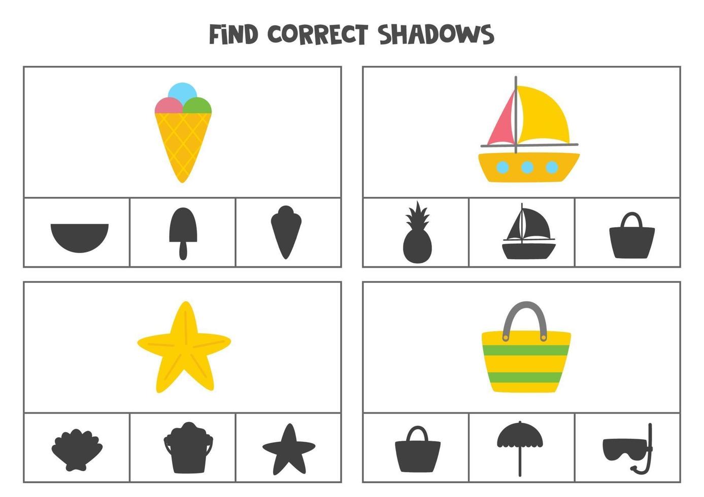 Find correct shadow of summer elements. Printable clip card games vector