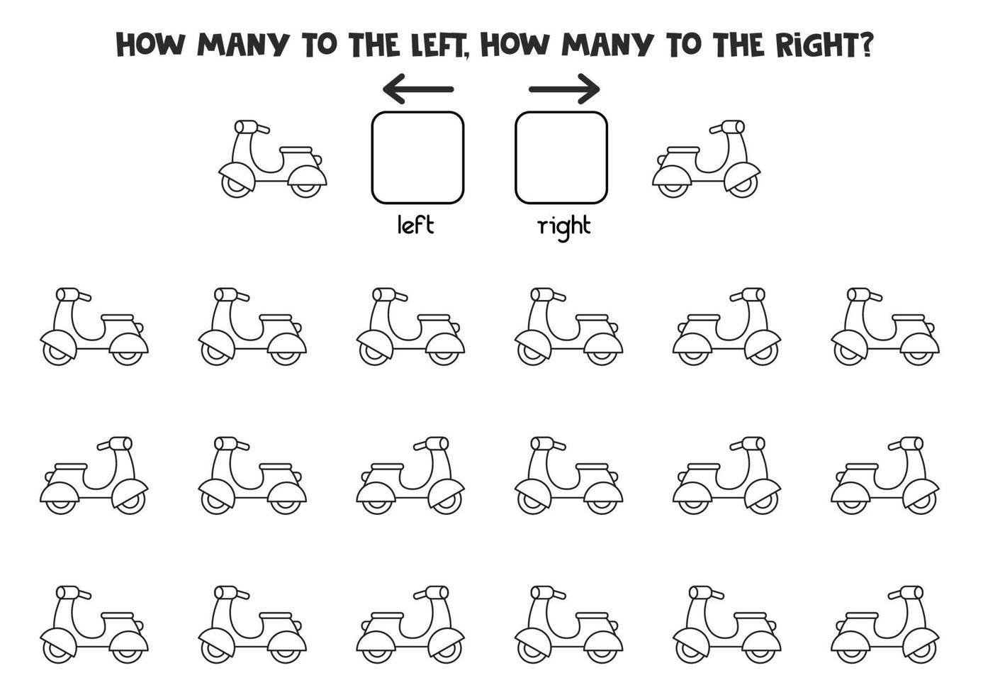 Left or right with black and white scooter. Logical worksheet vector