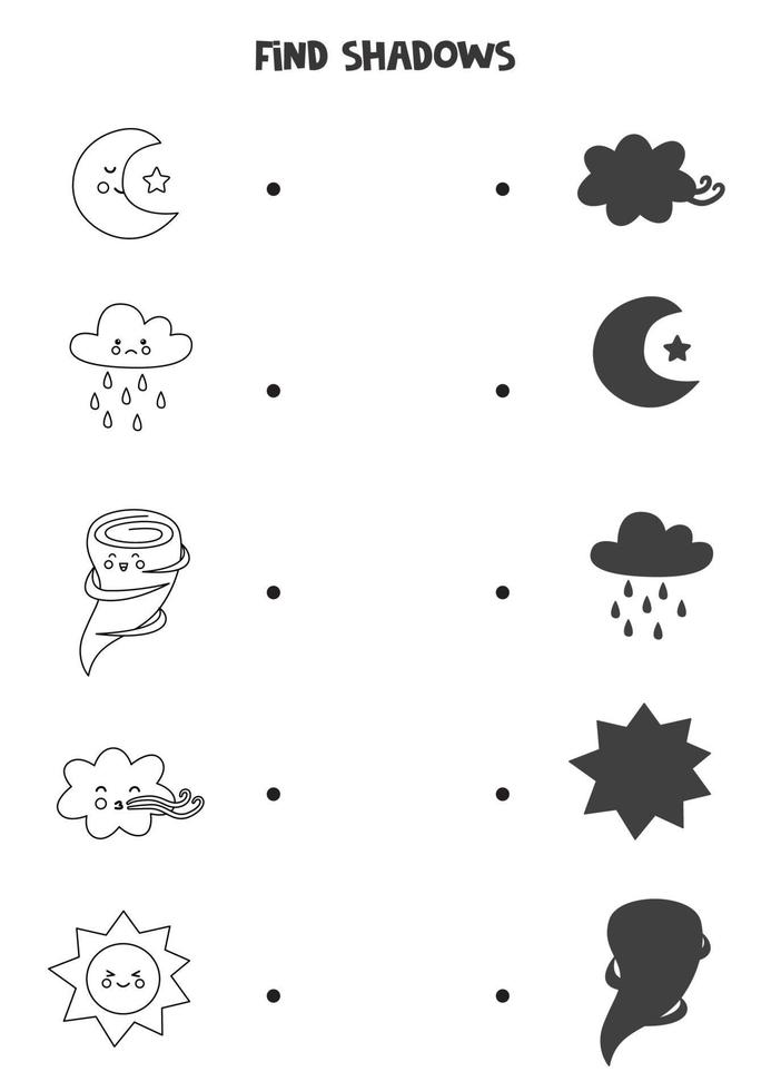 encuentre las sombras correctas de los elementos meteorológicos en blanco y negro. vector