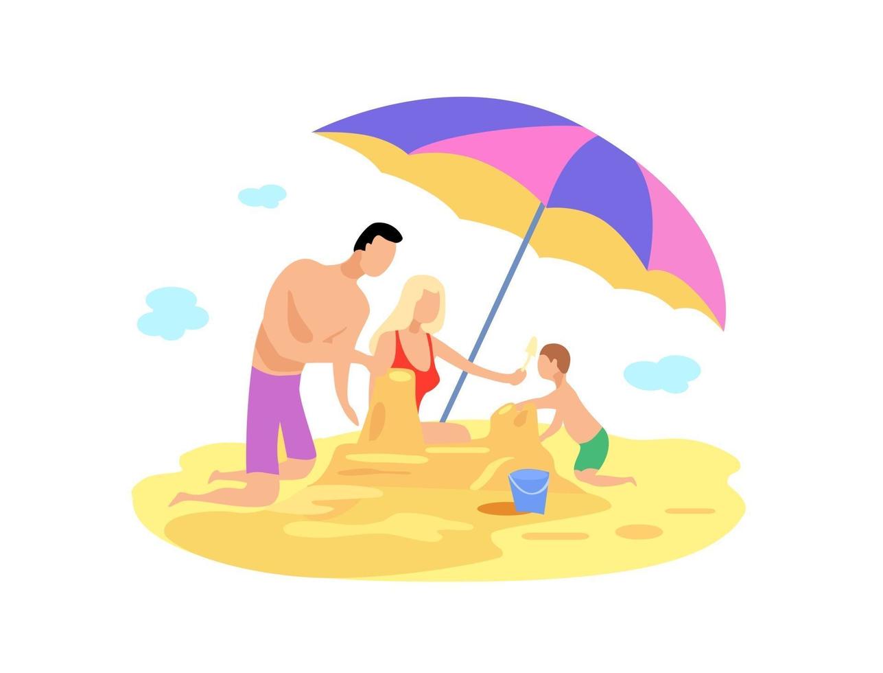 vacaciones familiares de verano en la playa en el mar. mamá, papá y bebé vector