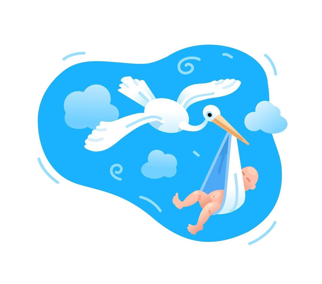 A stork flies with a newborn baby. vector