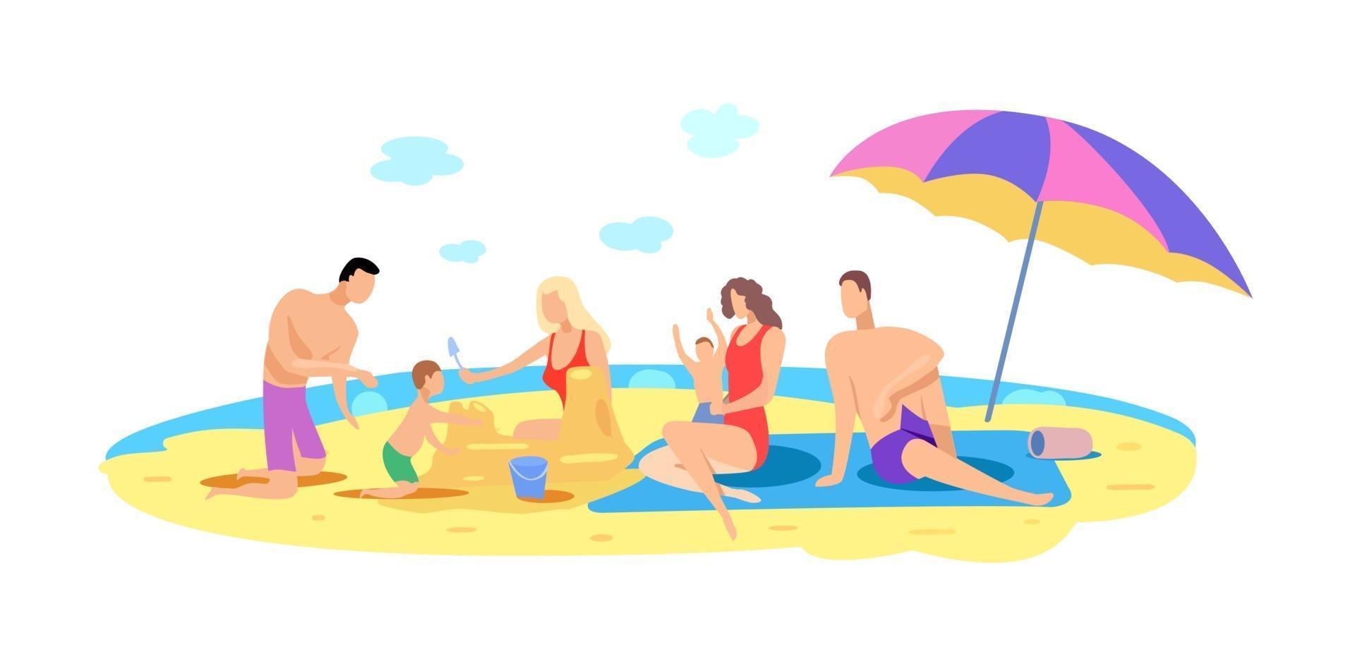 Two families with children are relaxing on the beach by the sea vector