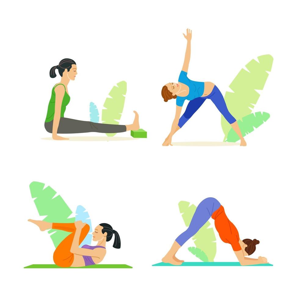 Girl demonstrating various yoga poses isolated on white background vector