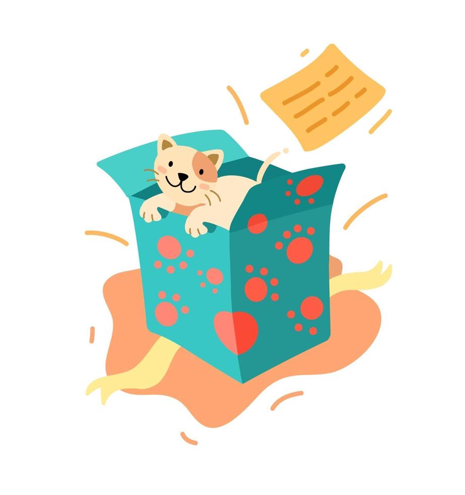 Kitten - a gift in a box. Birthday gift. Vector flat illustration