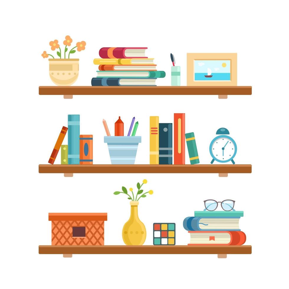 Bookshelf in library room, office shelf, wall, interior, bookshelf vector