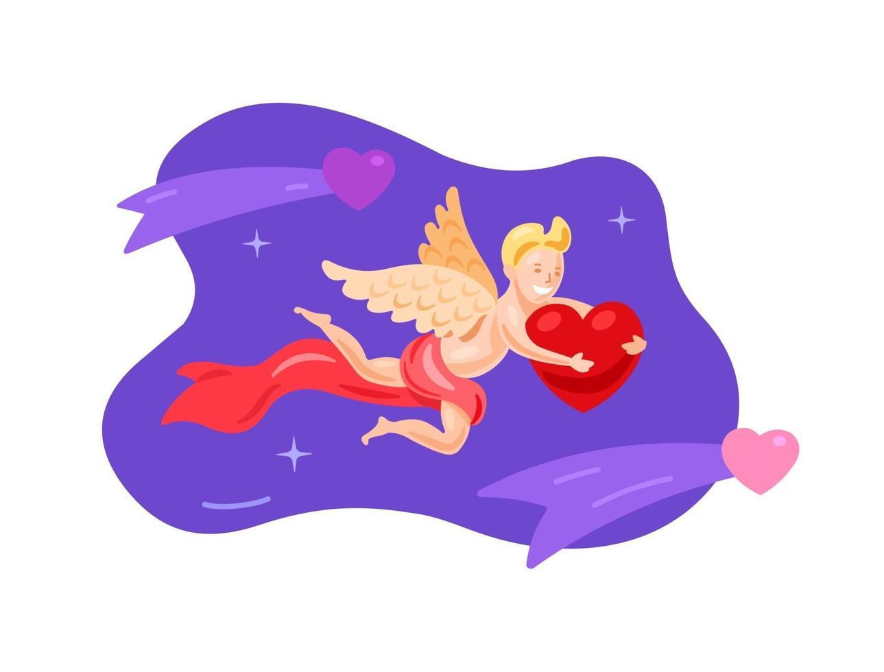 Cupid with wings flying with a heart on a purple background vector