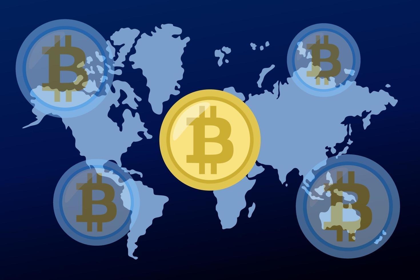 Crypto currency Bitcoin on world map. Vector illustration