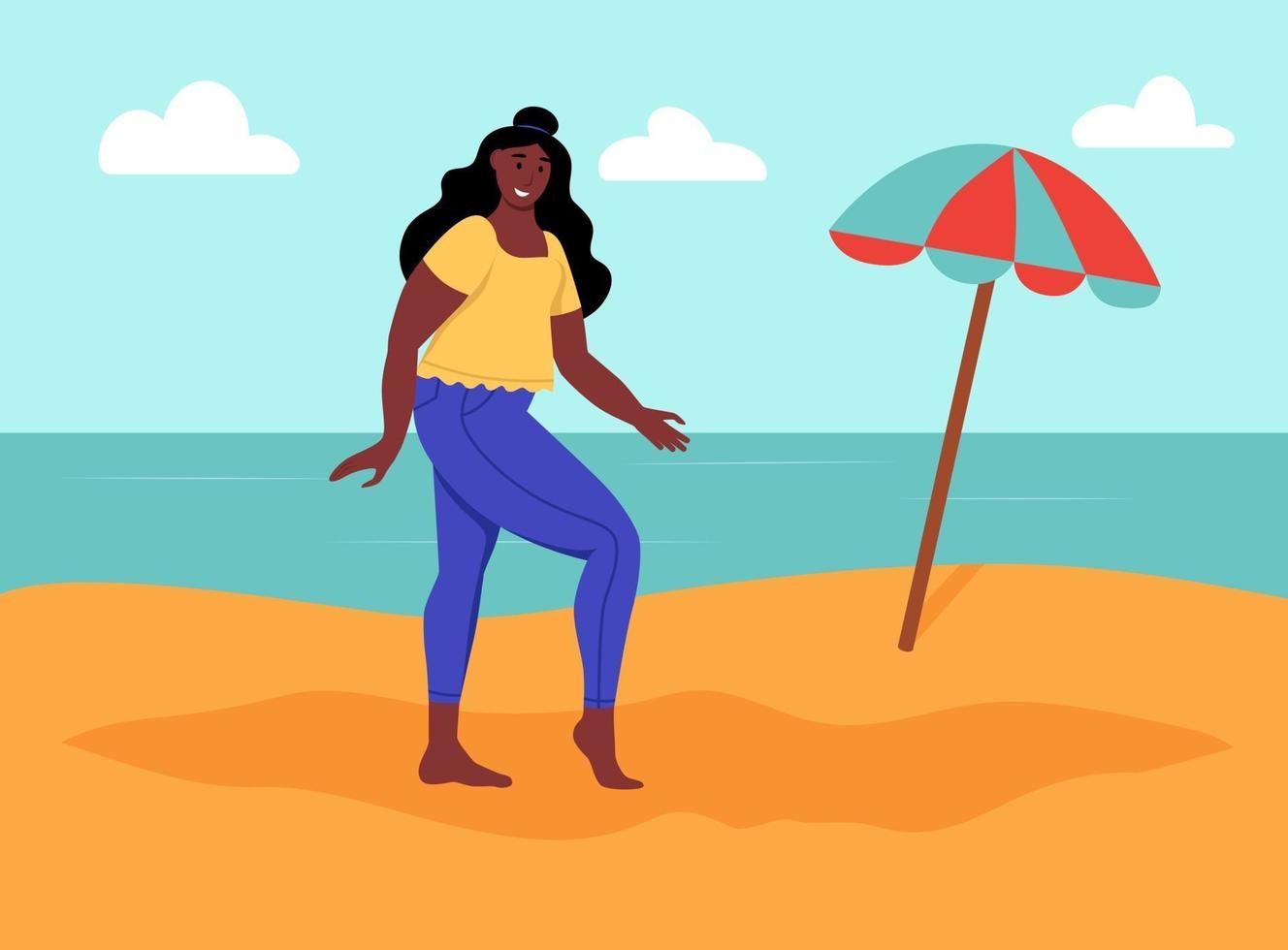Young curvy woman on the beach. Body positive, self-love vector
