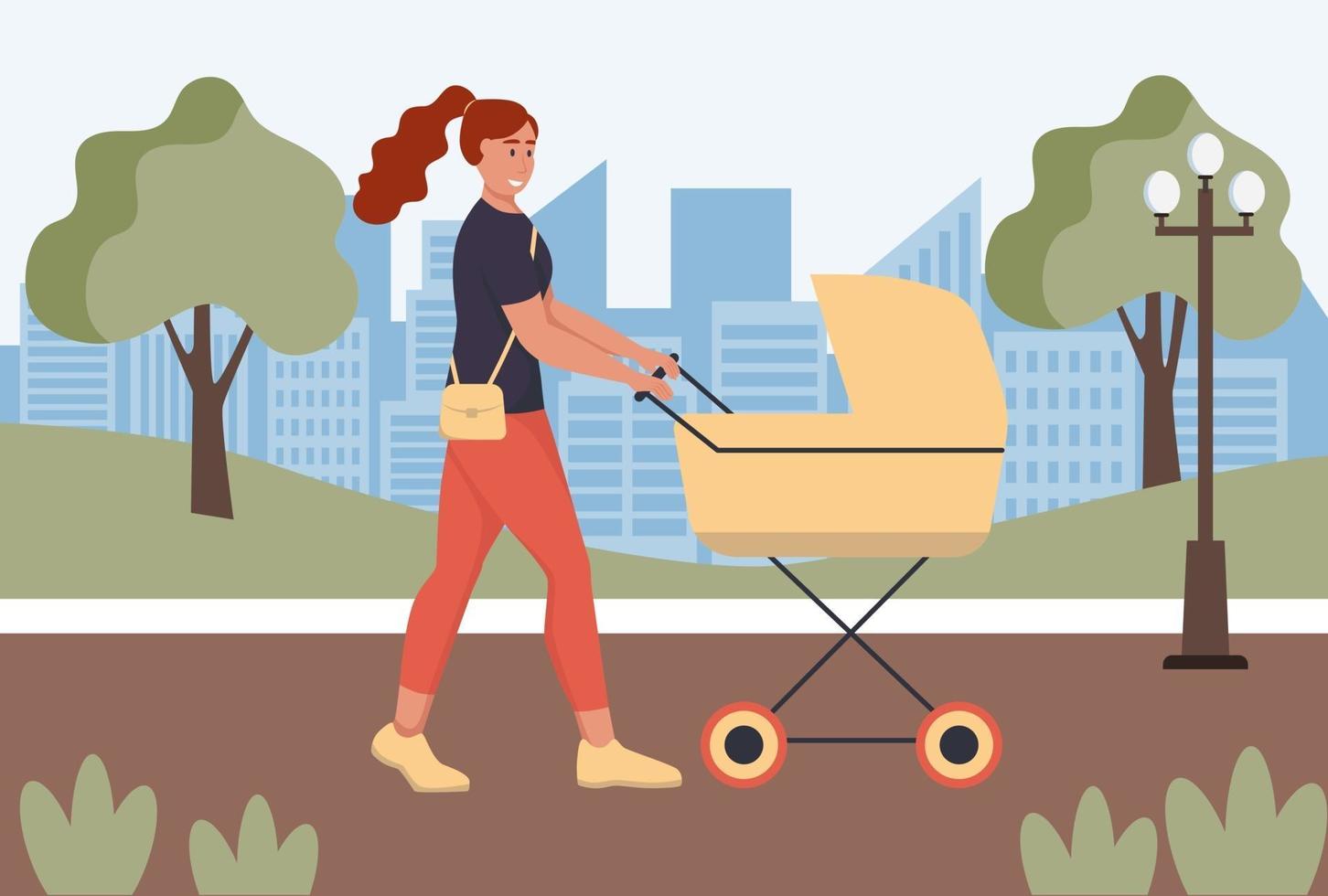 A young woman with a stroller is walking through the park vector