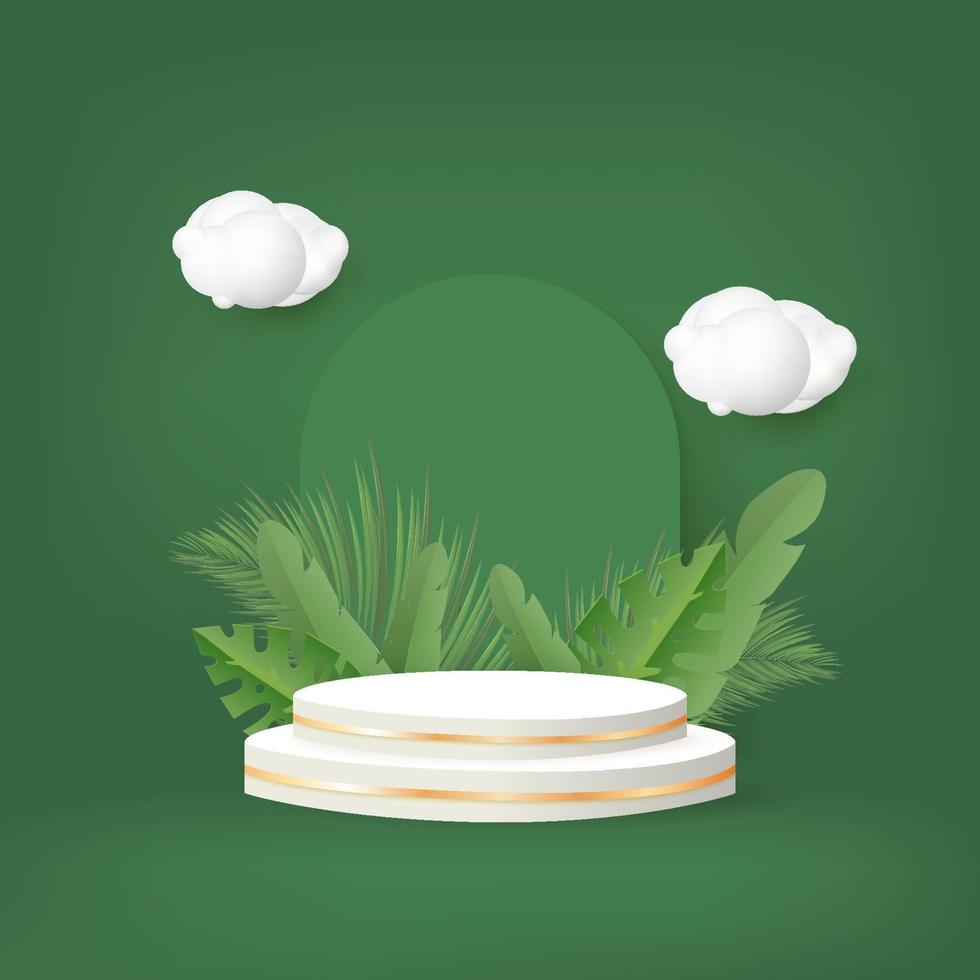 Podio 3d con hojas de palmera y nubes sobre fondo verde. vector