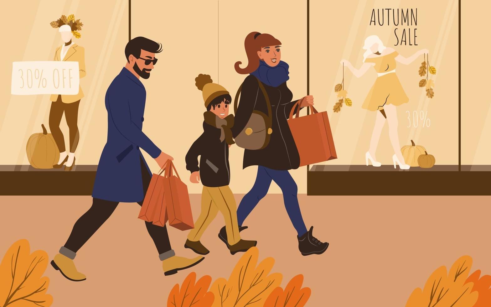 The family is shopping at the autumn sales vector