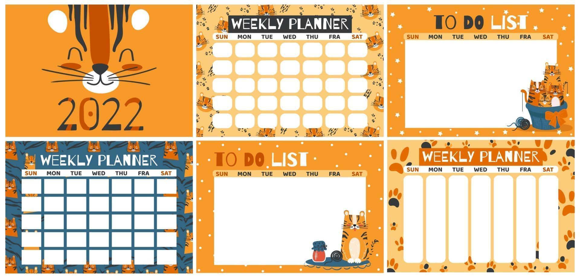 Planner templates for 2022. To do list design with cute cartoon tiger vector