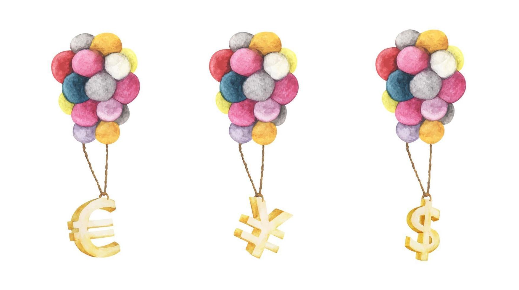 Set of Golden symbol of Dollar, Euro, Yen hanging with balloon. vector