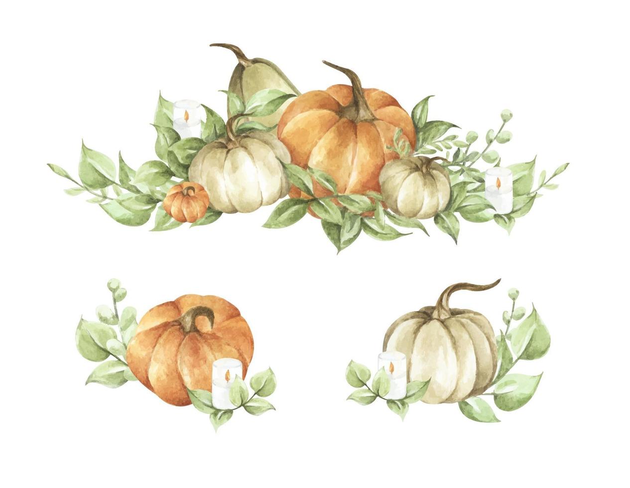 Watercolor pumpkins set. Autumn decoration floral design. vector