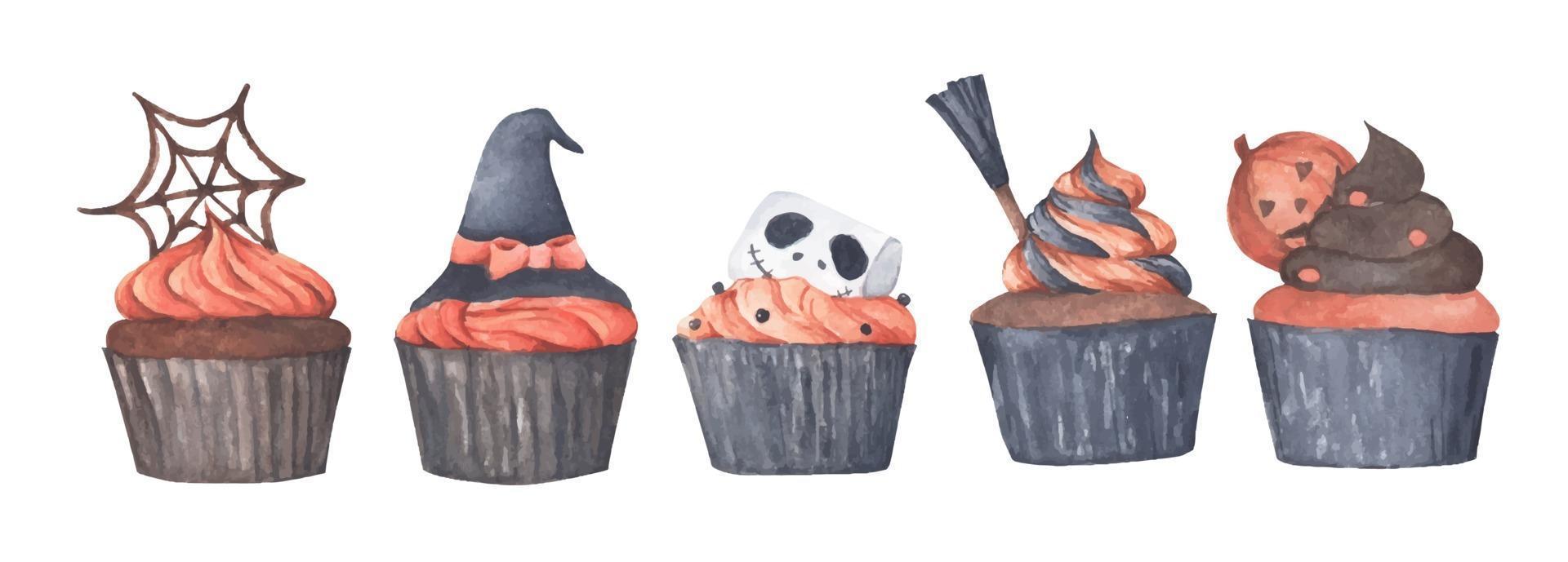 Variety of Halloween cupcakes. Watercolor illustration. vector