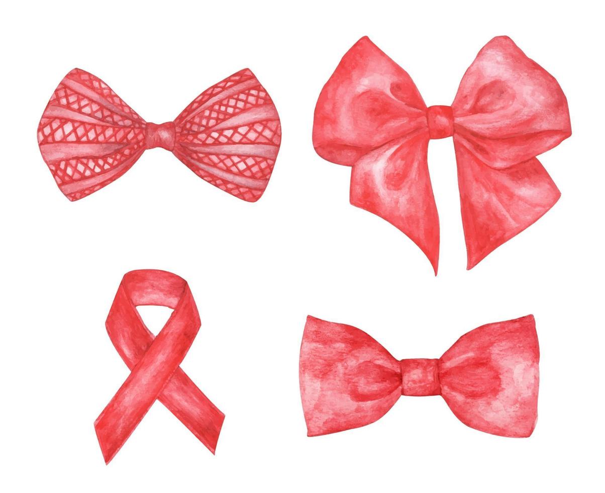 Set of Red gift bow. Watercolor illustration of bow and ribbon. vector