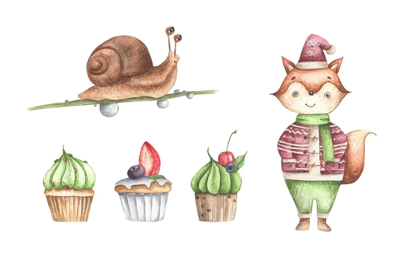 Cute fox with cupcakes and snail. Watercolor illustration. vector