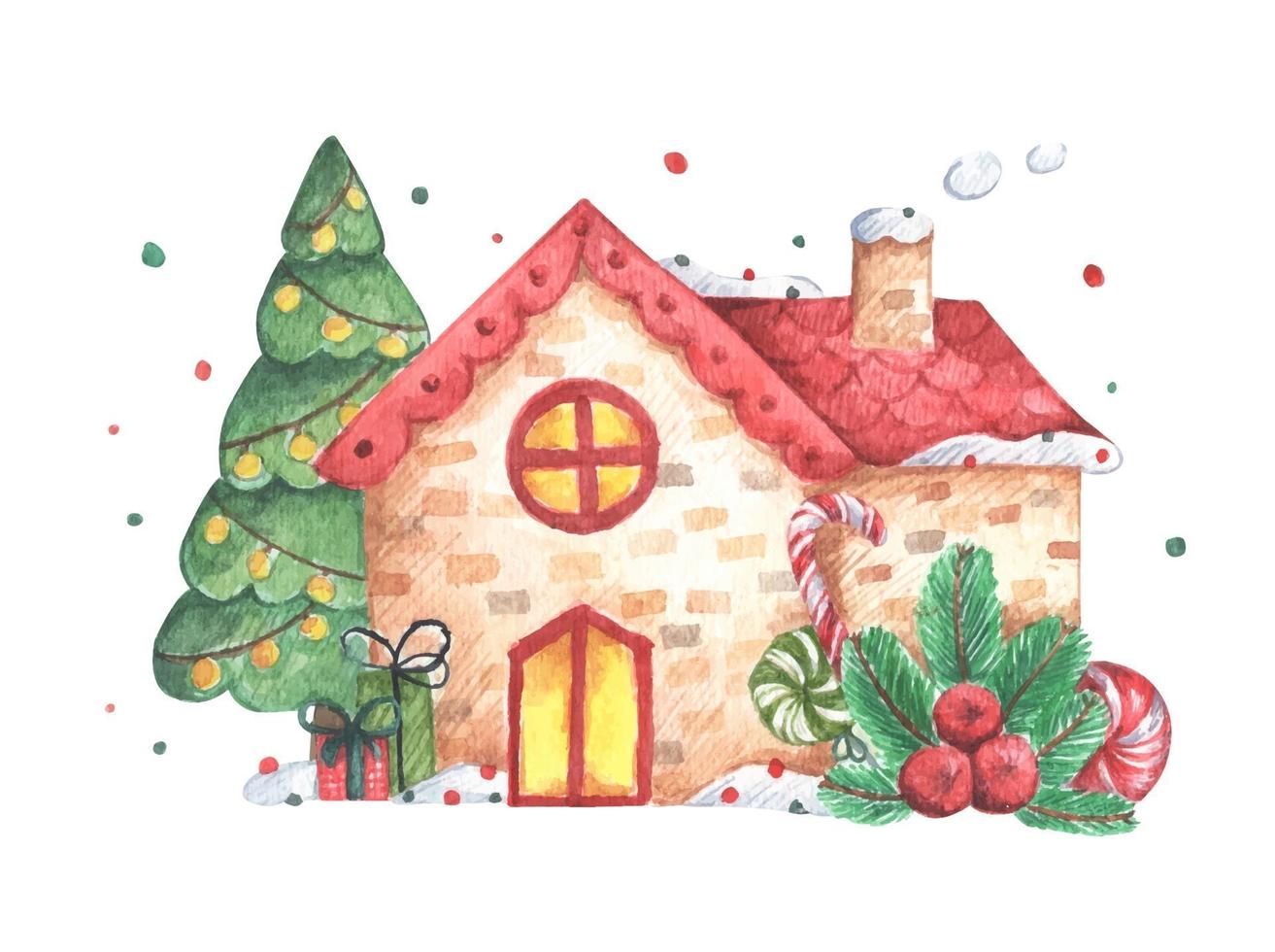 Winter illustration with houses. Watercolor Christmas card. vector