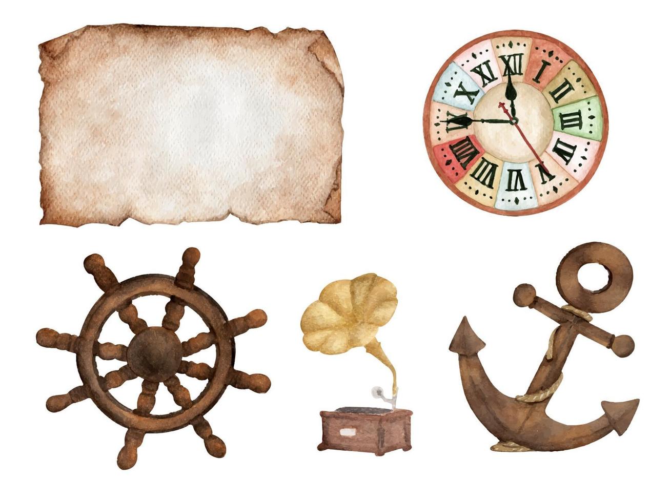 Old paper, clock, boat steering wheel, gramophone and anchor. vector