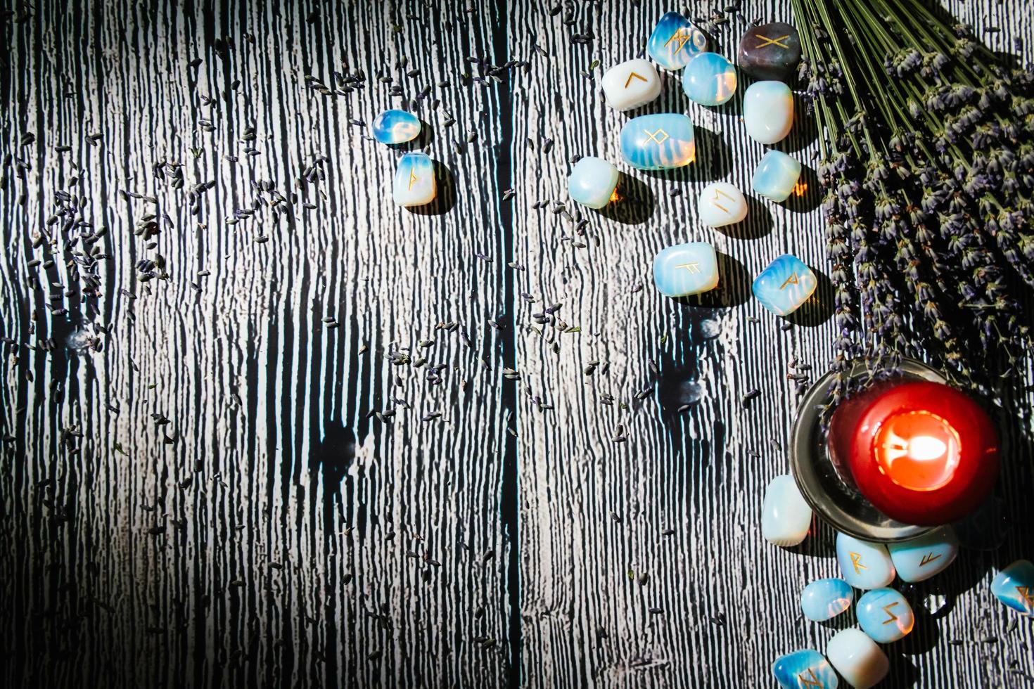 Wooden table with occult attributes, top view. Empty copy space photo