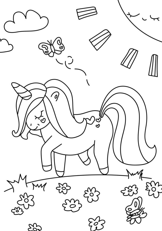 Cute coloring unicorn on a field of flowers on an isolated vector