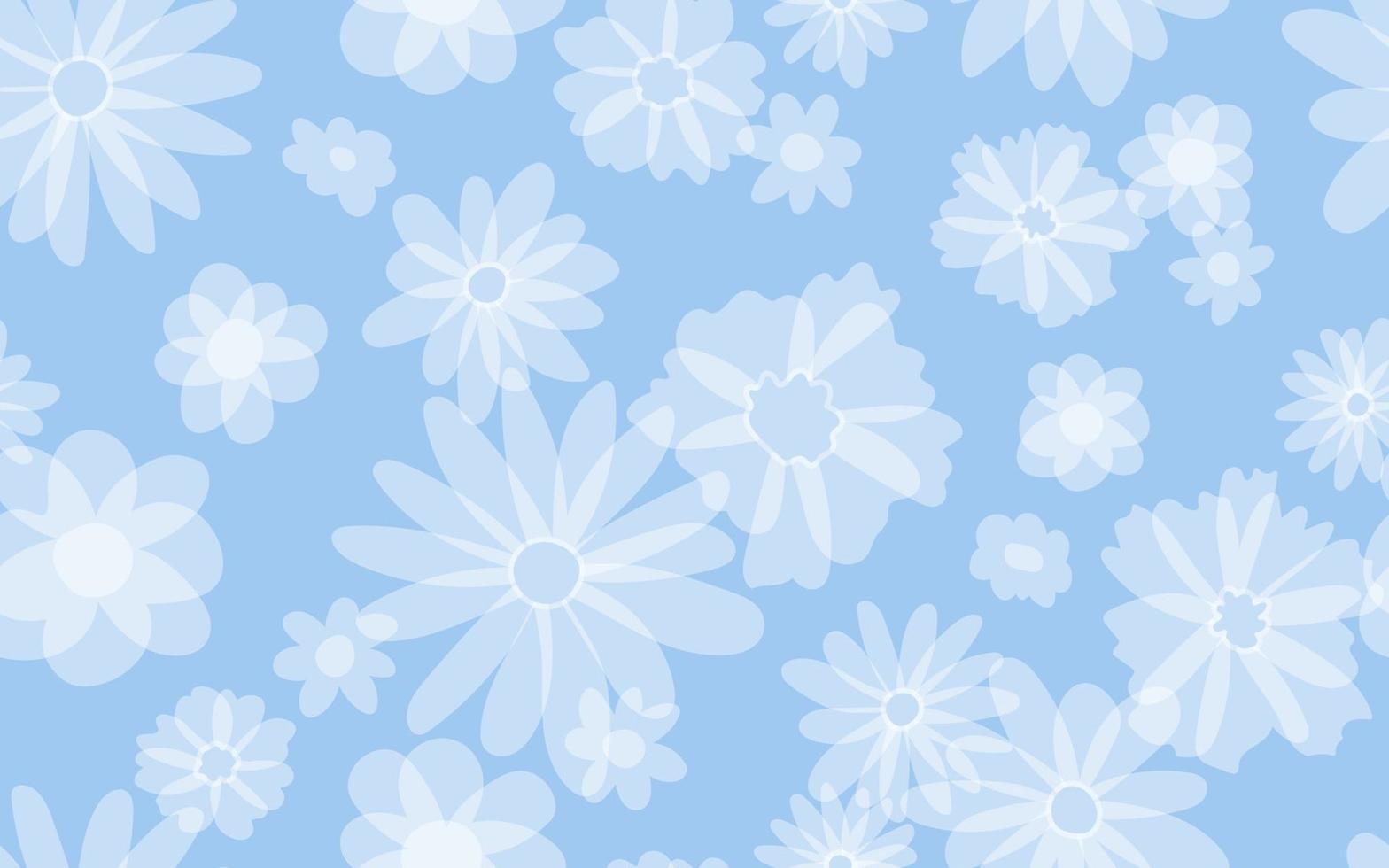 Cute pastel blue pattern white flowers line doodle Seamless background vector
