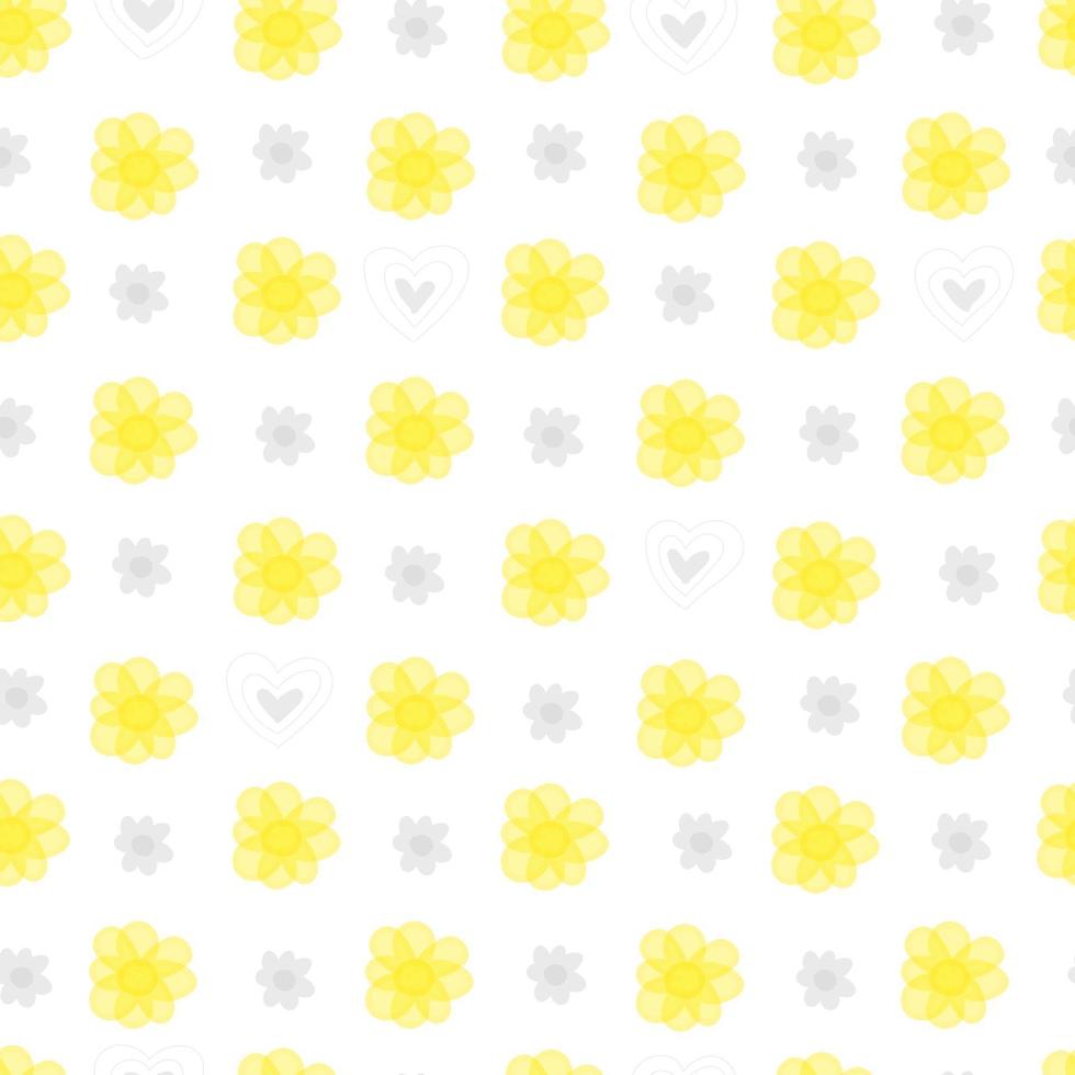 Cute white pattern yellow grey flowers hearts Seamless background vector