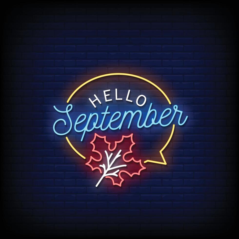 Hello September Neon Signboard On Brick Wall vector