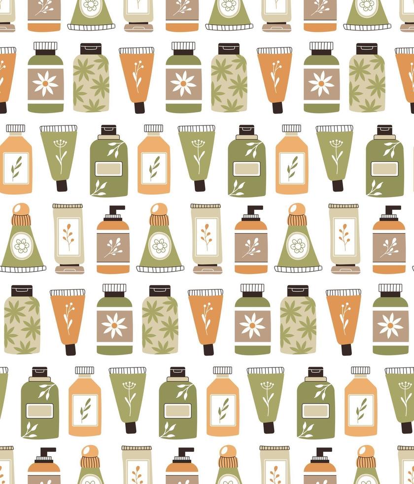 Seamless repeating pattern with cosmetics. A set of bottles and tubes vector