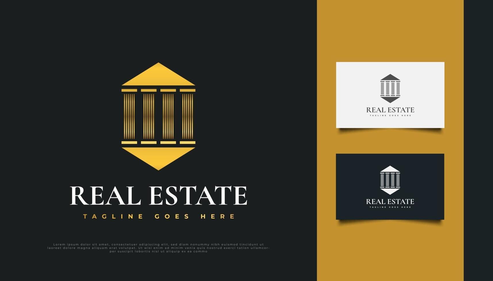 Diseño de logotipo inmobiliario dorado con concepto de pilar. vector